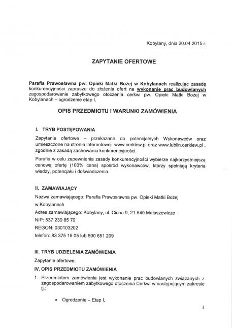 Parafia w Kobylanach poszukuje wykoanwcy na I etap prac przy ogrodzeniu wokół cerkwi