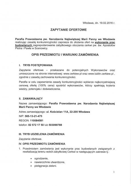 Parafia we Włodawie poszukuje wykonawcy na prace zagospodarowania otoczenia cerkwi w Sosnowicy