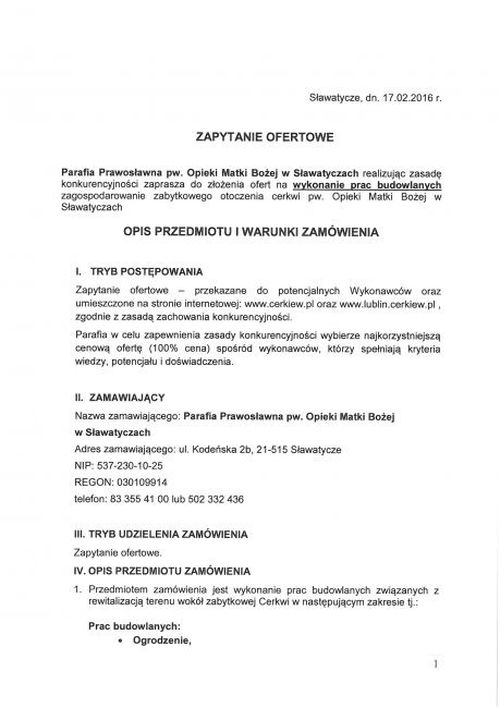Parafia w Sławatyczach poszukuje wykonawcy na prace zagospodarowania otoczenia cerkwi