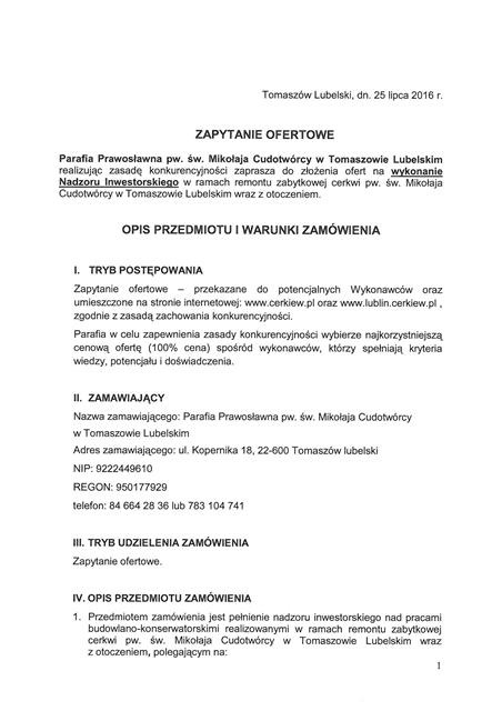 Parafia w Tomaszowie Lubelskim poszukuje wykonawcy nadzoru inwestorskiego