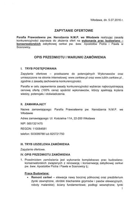 Parafia we Włodawie poszukuje wykonawcy na prace budowlano-konserwatorskie cerkwi w Sosnowicy