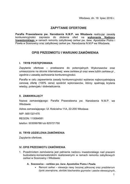 Parafia we Włodawie poszukuje wykonawcy nadzoru inwestorskiego