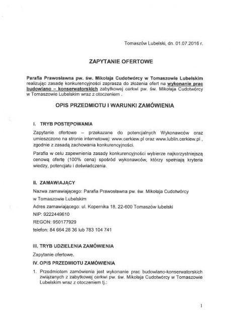 Parafia w Tomaszowie Lubelskim poszukuje wykonawcy na dokończenie prac remontowo-konserwatorskich cerkwi