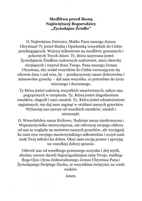 Modlitwa przed Ikoną Najświętszej Bogurodzicy „Życiodajne Źródło”